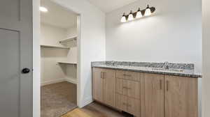 Bathroom with a sink, a spacious closet, baseboards, and wood finished floors