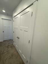 Interior details featuring carpet flooring and recessed lighting
