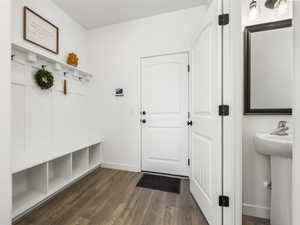 Mudroom featuring dark wood-style flooring, baseboards, and a sink