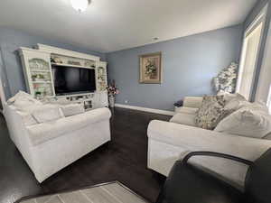 Living room with baseboards, dark wood-style flooring, and visible vents
