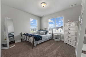 Bedroom with visible vents, baseboards, and carpet floors