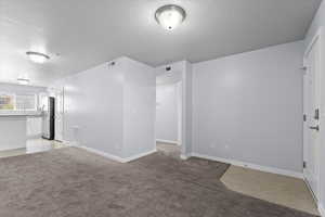 Empty room featuring baseboards, light carpet, and a textured ceiling
