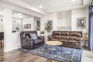 Living room featuring recessed lighting, baseboards, visible vents, and wood finished floors