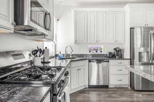 Kitchen featuring white cabinets, appliances with stainless steel finishes, a sink, and dark wood-type flooring