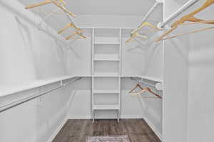 Spacious closet featuring dark wood-style flooring