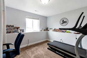 Office space featuring carpet flooring, baseboards, and visible vents