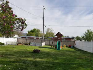 View of yard featuring a fenced backyard and a playground
