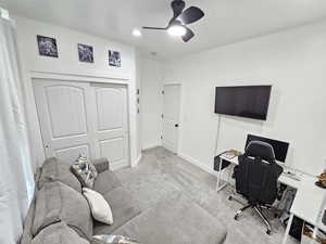 Bedroom featuring carpet flooring, ceiling fan, recessed lighting, baseboards, and a closet