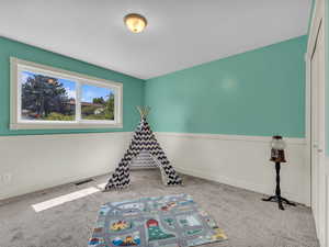 Rec room featuring carpet, baseboards, and visible vents