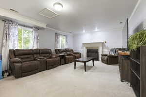 Living area featuring crown molding, visible vents, and light carpet
