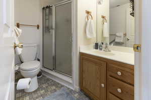 Full bath with a stall shower, toilet, vanity, and visible vents