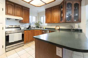 Kitchen with a peninsula, stainless steel appliances, brown cabinetry, under cabinet range hood, and dark countertops
