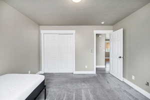 Bedroom featuring carpet flooring, a closet, a textured ceiling, and baseboards