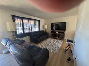 Living area with a textured ceiling, NEW LVP floors