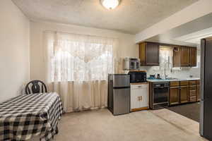 Kitchen featuring black appliances, a sink, light colored carpet, a textured ceiling, and light countertops