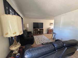 Living room featuring lvp floors, a textured ceiling, and a wall mounted AC