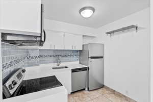 Kitchen featuring a sink, tasteful backsplash, white cabinetry, light countertops, and appliances with stainless steel finishes