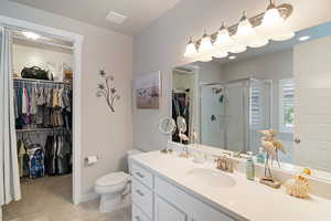 Bathroom featuring vanity, a stall shower, toilet, and a walk in closet