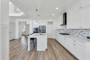 Kitchen with a breakfast bar area, backsplash, wall chimney range hood, white cabinets, and appliances with stainless steel finishes