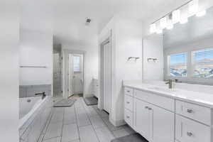 Bathroom featuring a stall shower, vanity, a bath, and plenty of natural light
