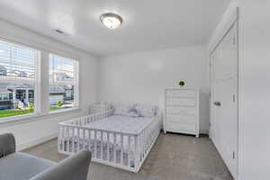 Carpeted bedroom with visible vents and baseboards