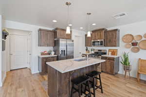 Kitchen featuring light wood finished floors, stainless steel appliances, visible vents, and a sink