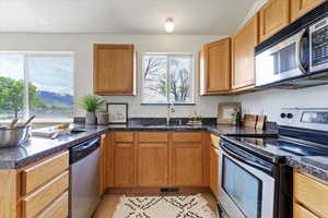 Kitchen with appliances with stainless steel finishes, a sink, light wood-style flooring, and dark countertops