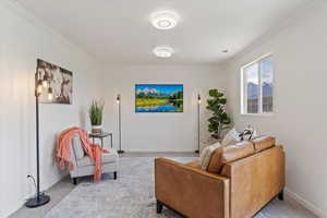 Carpeted living room featuring ornamental molding and baseboards