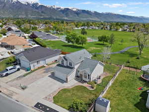 Aerial perspective of suburban area with mountains