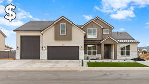 View of front of home featuring a standing seam roof, stone siding, concrete driveway, a metal roof, and a garage