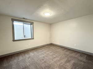 Spare room featuring carpet, a textured ceiling, visible vents, and baseboards