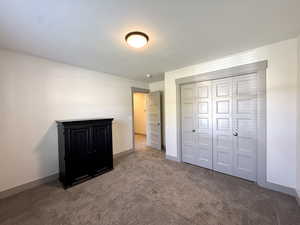 Unfurnished bedroom with baseboards, carpet flooring, and a closet