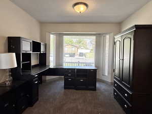 Office space featuring dark colored carpet, a textured ceiling, and baseboards
