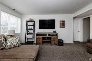 Carpeted bedroom featuring baseboards and a textured ceiling