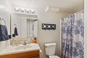 Bathroom featuring a textured ceiling, toilet, vanity, and curtained shower