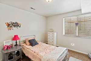 Bedroom featuring carpet flooring, baseboards, and a textured ceiling