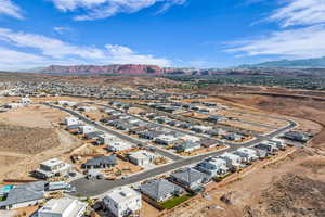 Aerial view of residential area with mountains