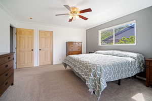 Carpeted bedroom featuring ornamental molding and ceiling fan