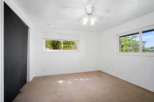 Unfurnished room featuring carpet, baseboards, ceiling fan, and plenty of natural light