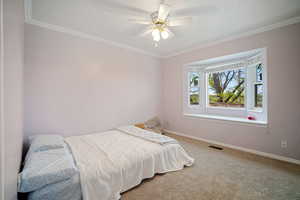 Carpeted bedroom featuring baseboards, ornamental molding, and visible vents