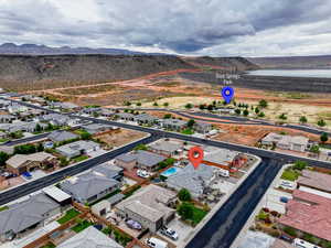 Aerial view of residential area with a water and mountain view