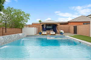 View of pool with a fenced backyard, a gazebo, and a pool with connected hot tub