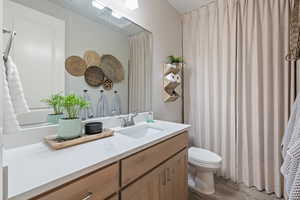 Bathroom featuring wood finished floors, toilet, and vanity