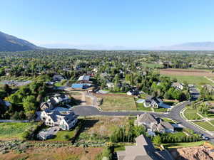 Aerial view of residential area with a mountainous background
