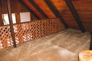 Bonus room with wood ceiling, carpet floors, and wooden walls