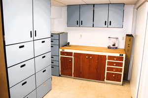 Kitchen with wooden counters and gray cabinetry