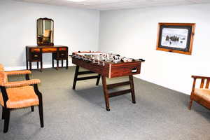 Game room with carpet floors, a paneled ceiling, and baseboards