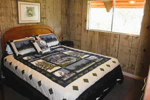 Bedroom with wood walls and carpet flooring