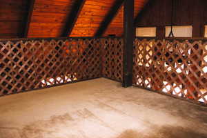 Wine room with carpet and wood ceiling