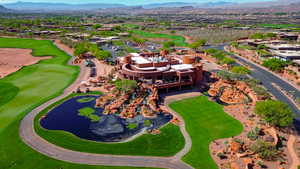 golf course, clubhouse, and restaurant